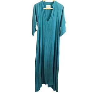 BOHEMIAN LOVERS | Peacock Blue Long Gauze Split Neck Caftan Beach Dress | Medium